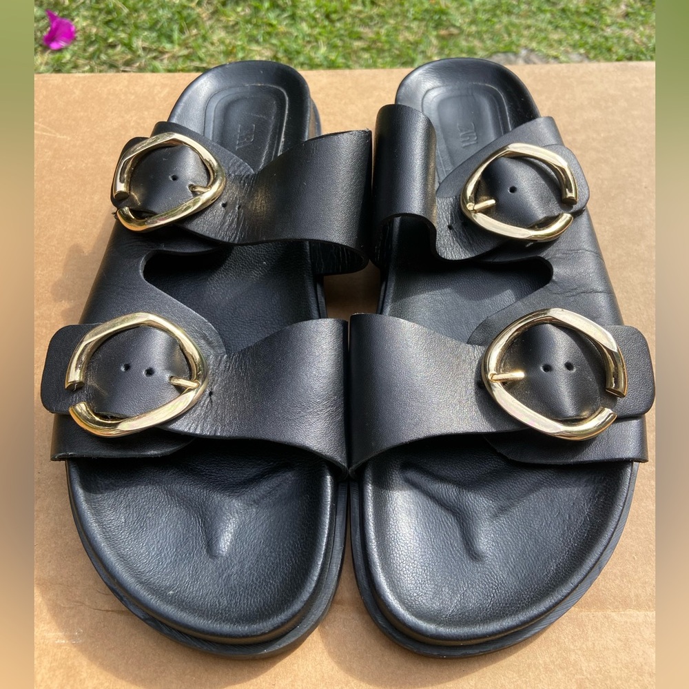 Zara Buckled Flat Leather Black Sandals Woman’s Size 9 - Picture 9 of 10